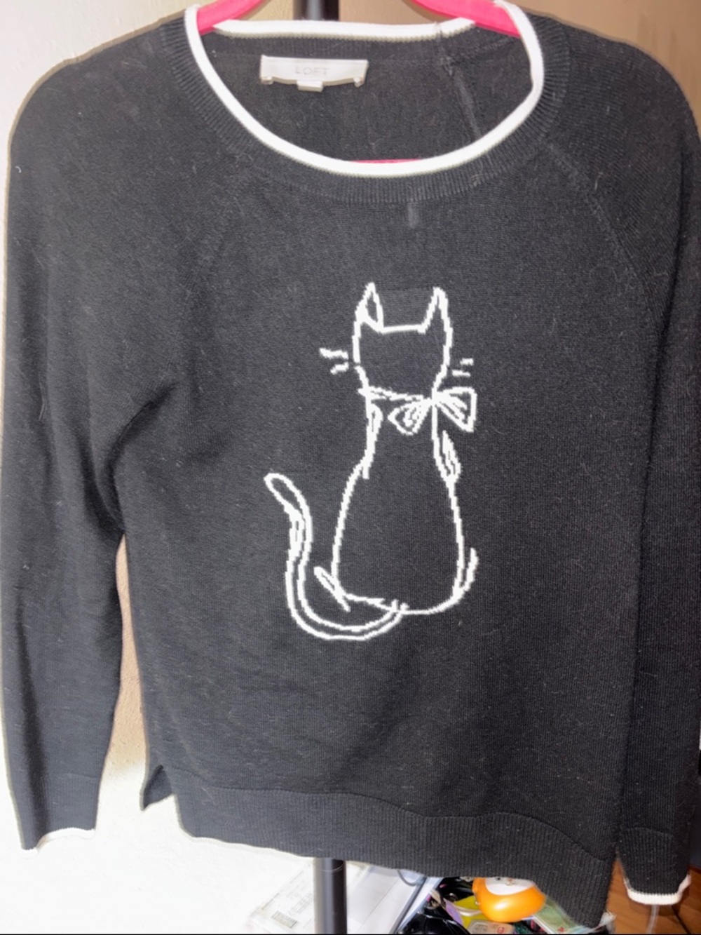LOFT Black Sweater with White Cat Graphic and Contrast Trim